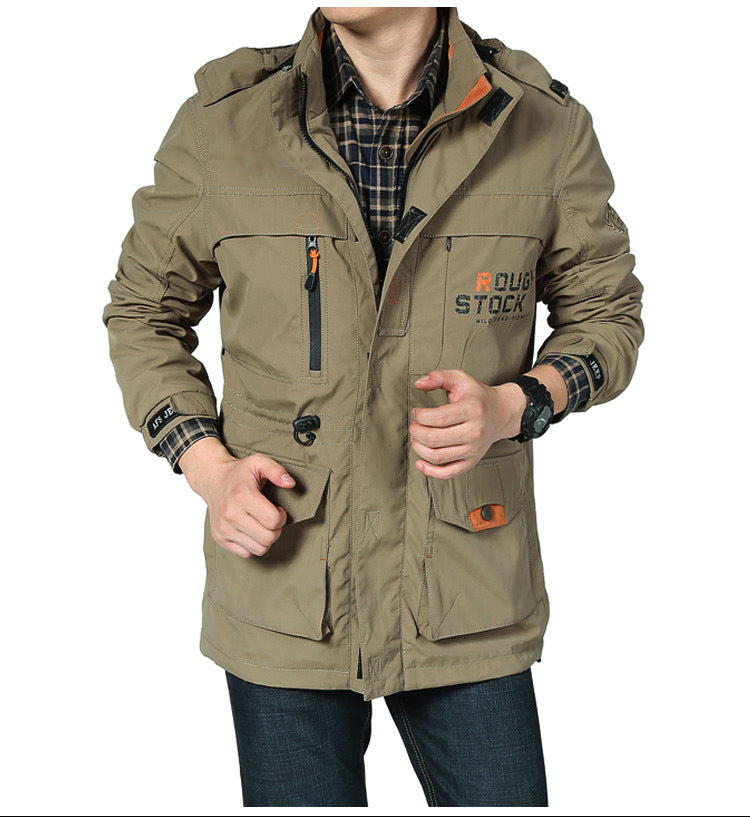Herr Lätt Utility Fält Parka med Huva, Multi-Pockets och Justerbar Dragsko Midja