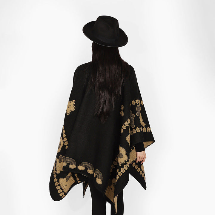 Dam Oversize poncho med Jacquard Animal mönster och Asymmetrical Pointed fåll