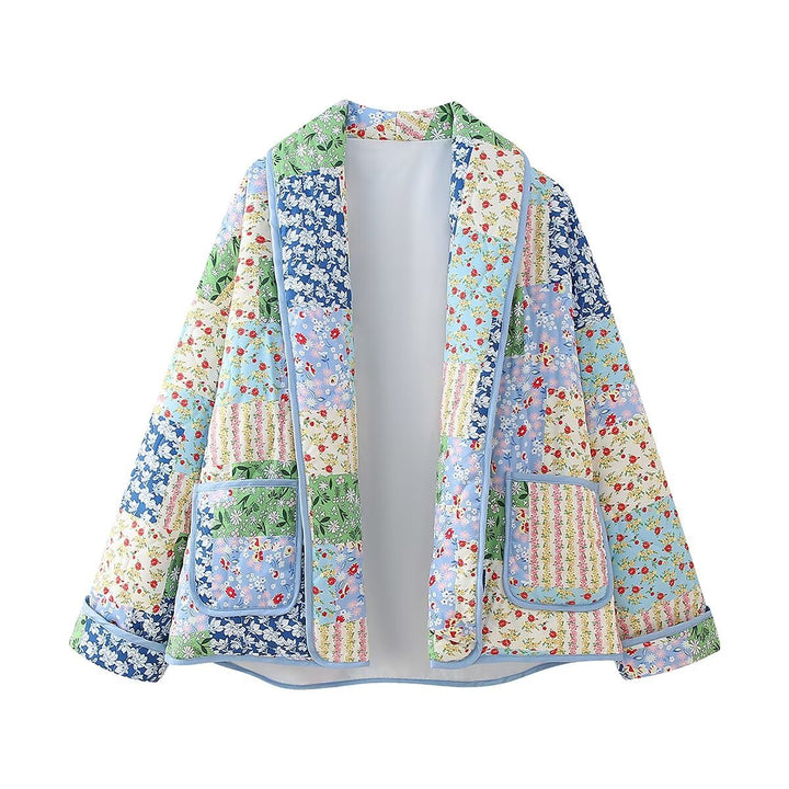 Dam non-quiltad patchwork quilt jacka med lapel krage och påsydda fickor
