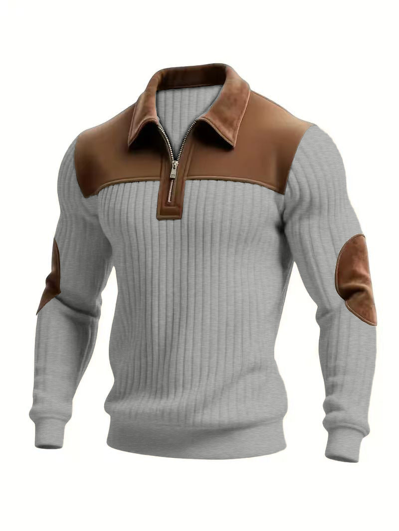 Herr Ribbad Halv Dragkedja Pullover med Contrasting Läder Appliqués On Shoulders och Elbows