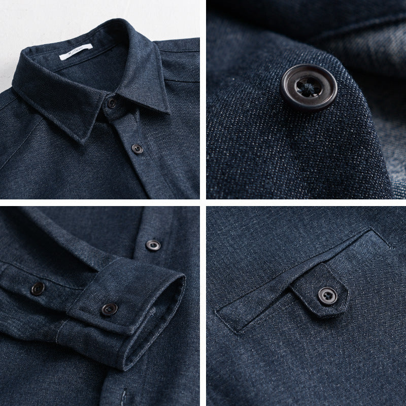 Herr Mjuk Denim Överskjorta med Lock Ficka och Lös Passform