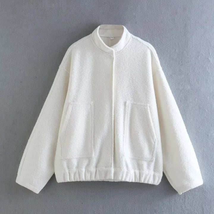 Dam Oversize Fleecejacka med Stå Krage, Patch Front Fickor, och Elastic Nederkant