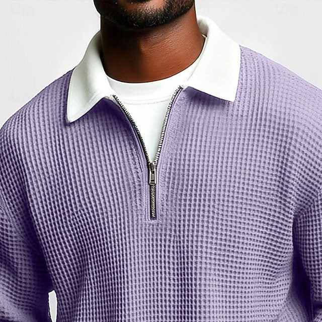 Herr Strukturerad Waffle Stickad Pullover med Polo Krage och Kort Dragkedja