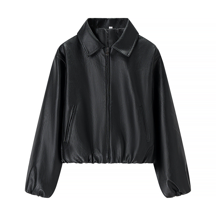 Dam kort skärning läder imitation blouson med dragkedja och elastic fåll