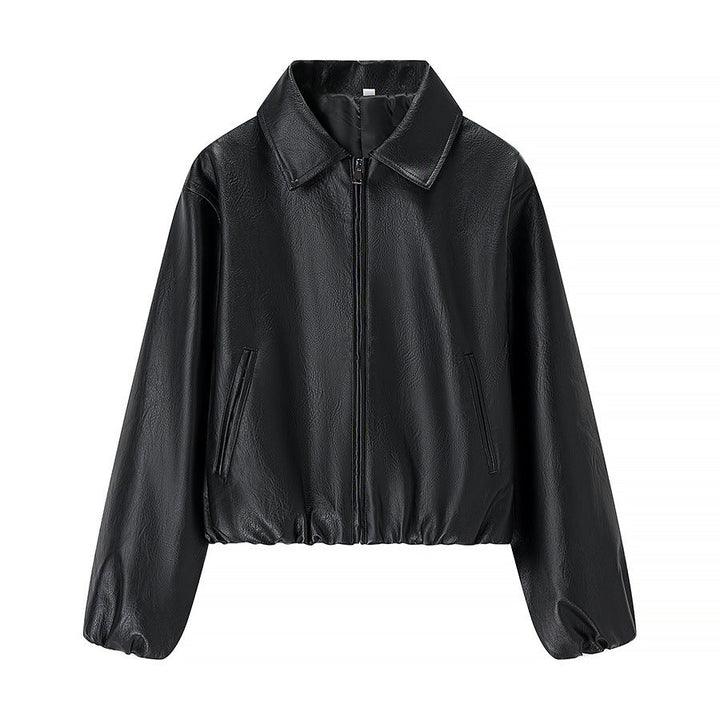Dam kort skärning läder imitation blouson med dragkedja och elastic fåll
