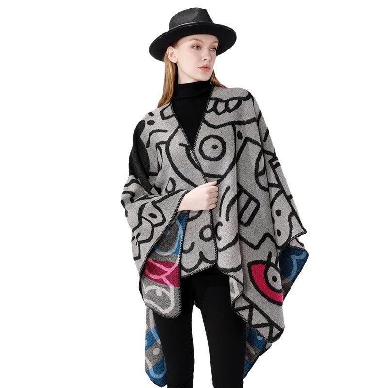 Dam oversized poncho i artistic tryck med two-tone edge processing och asymmetrical pointed fåll