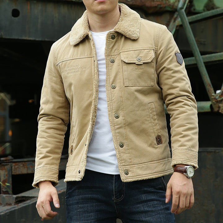 Herr Sherpa-Lined Canvas Trucker Jacka med Teddyfoder och Skjorta Krage