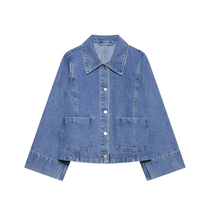 Dam Oversize Denimjacka med Skjort Krage och Stora Patch Fickor