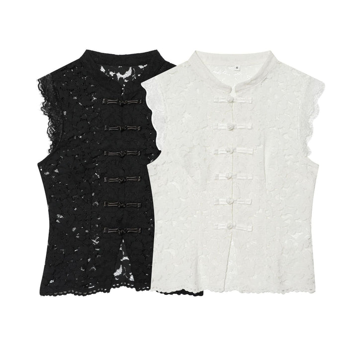 Dam elegant spets jacka med ståkrage, decorative manchester closures och cropped silhuett