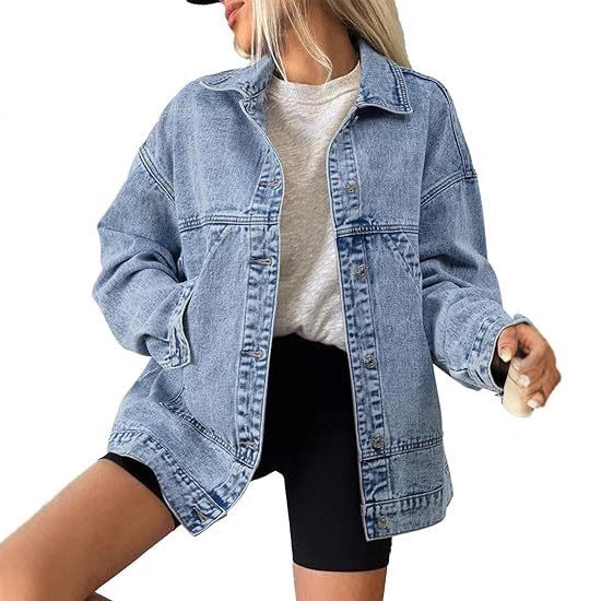 Dam oversize denimjacka med låg Yoke, Straight fåll och Vintage tvätta
