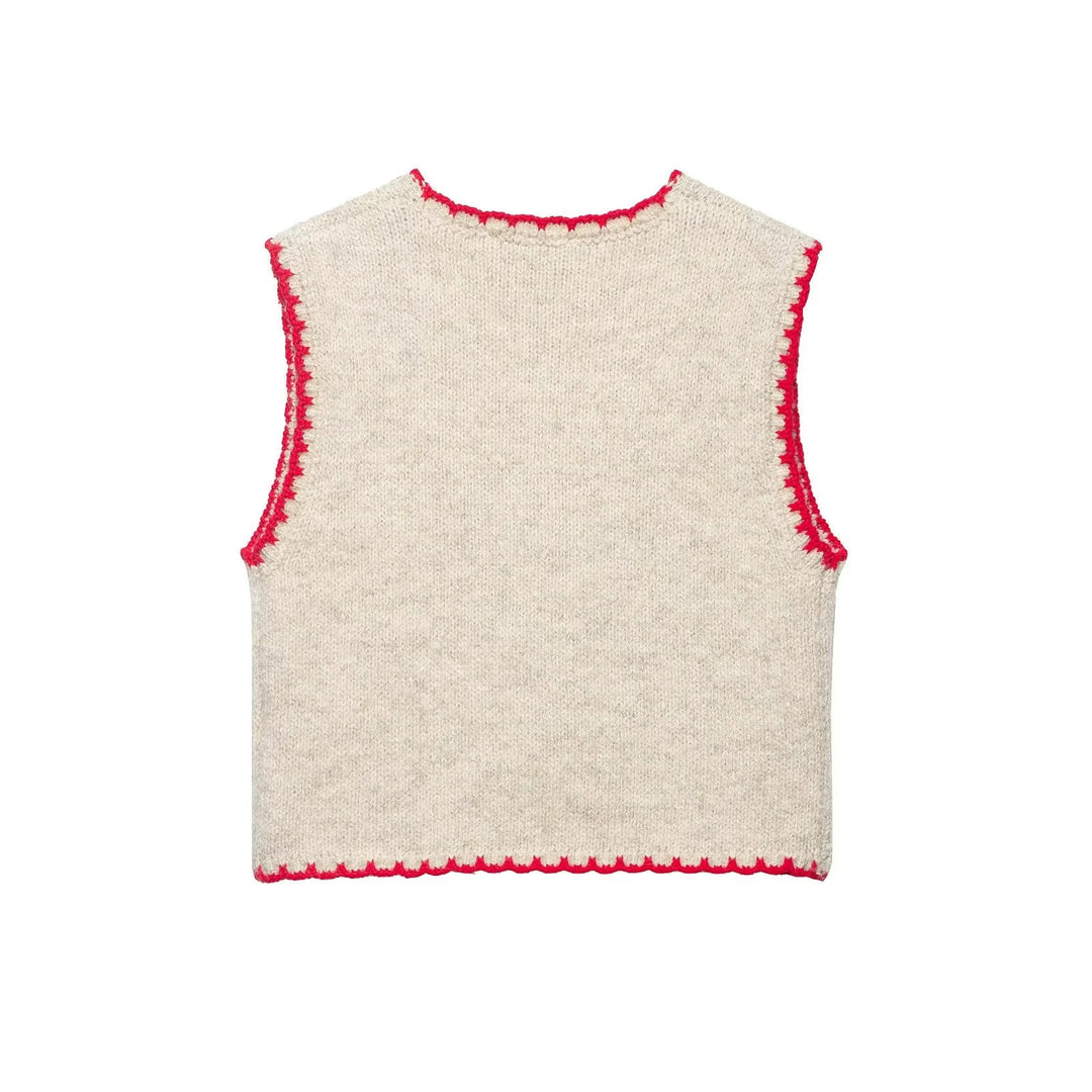 Dam embroidered ullblandning väst med horse motifs, crocheted edge och decorative knäppning