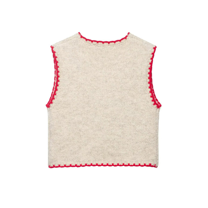 Dam embroidered ullblandning väst med horse motifs, crocheted edge och decorative knäppning