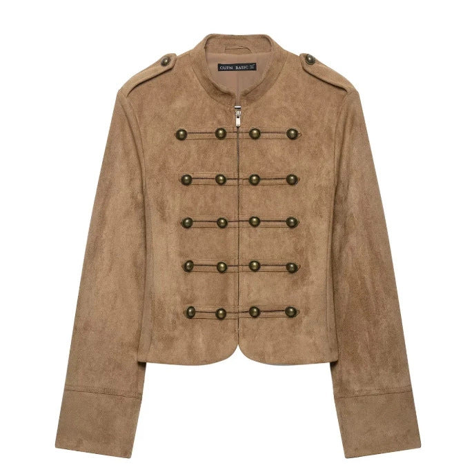 Dam Kort Jacka i Suede Look i Officer Stil med Dekorativ Knapp Knäppning