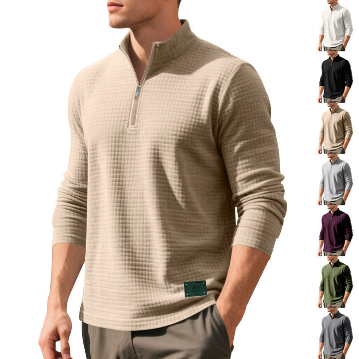 Herr Nano Lätt Waffle Stickad Pullover med Kort Krage Dragkedja och Rounded Fåll