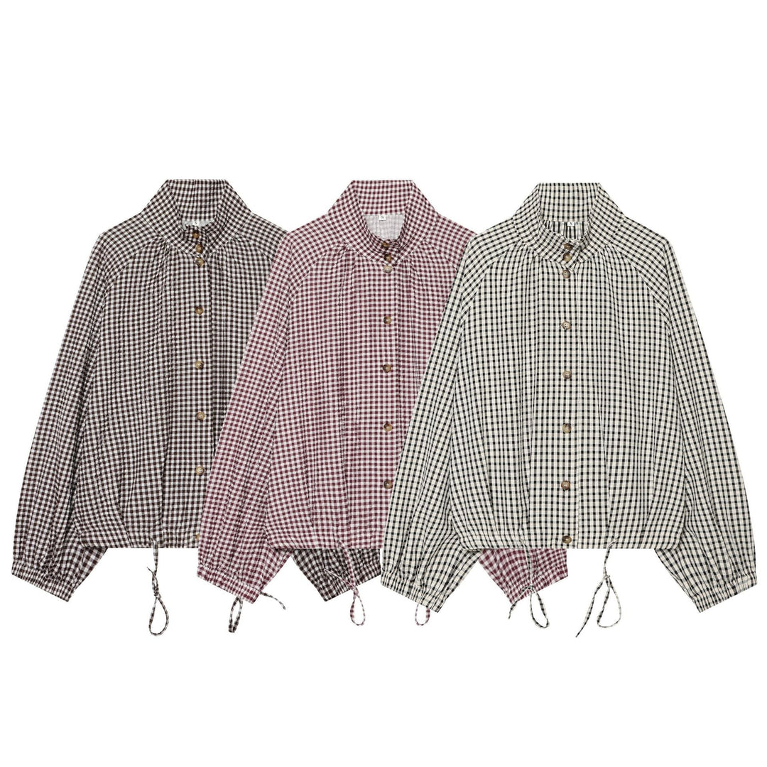 Dam Checked Kort Blouse Jacka med Drawstring