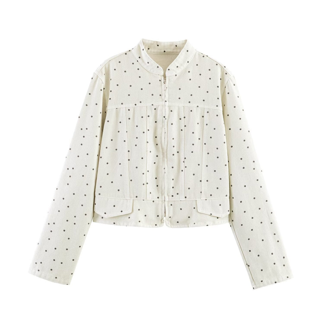 Dam Dotted Kort Jacka med Stå Krage, Dragkedja och Patch Fickor