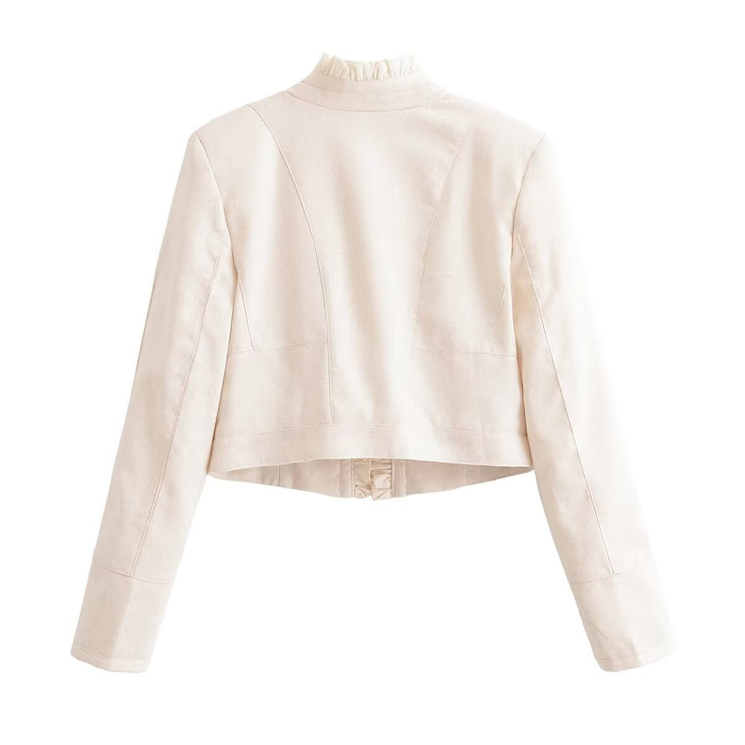 Dam Kort Jacka i Military Stil med Ruffled Front och Stå Krage