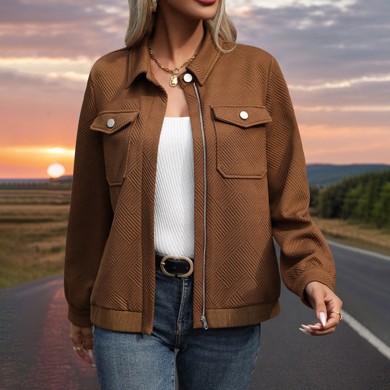 Dam Quiltad Transitional Shacket med Lockfickor, Dragkedja och Textured Jacquard Fabric