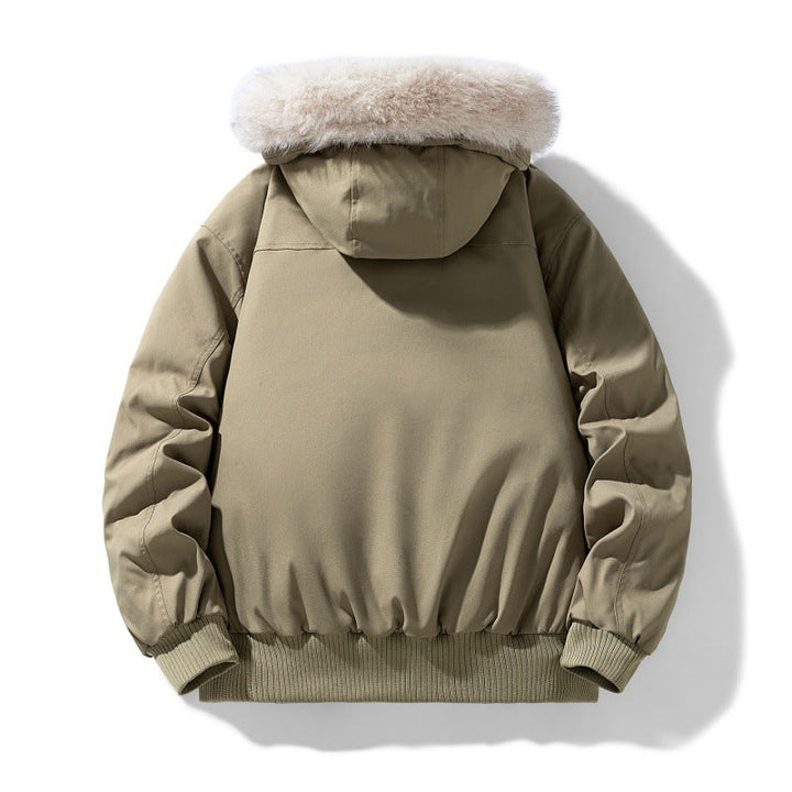 Herr Vadderad Vinter Jacka med Faux Fur Huva, Quiltad Checkered Foder och Bomber Muddar