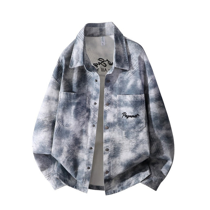 Herr Oversized Skjortjacka i Washed Batik Look med Tryckknapp Knapp Fram &amp; Applied Bröstfickor