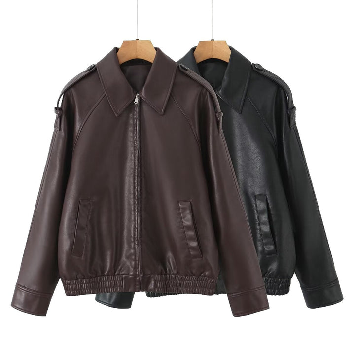 Dam Oversized Konstläder Flight Jacka med Bonded Krage, Axel Epaulettes, och Elastic Fåll