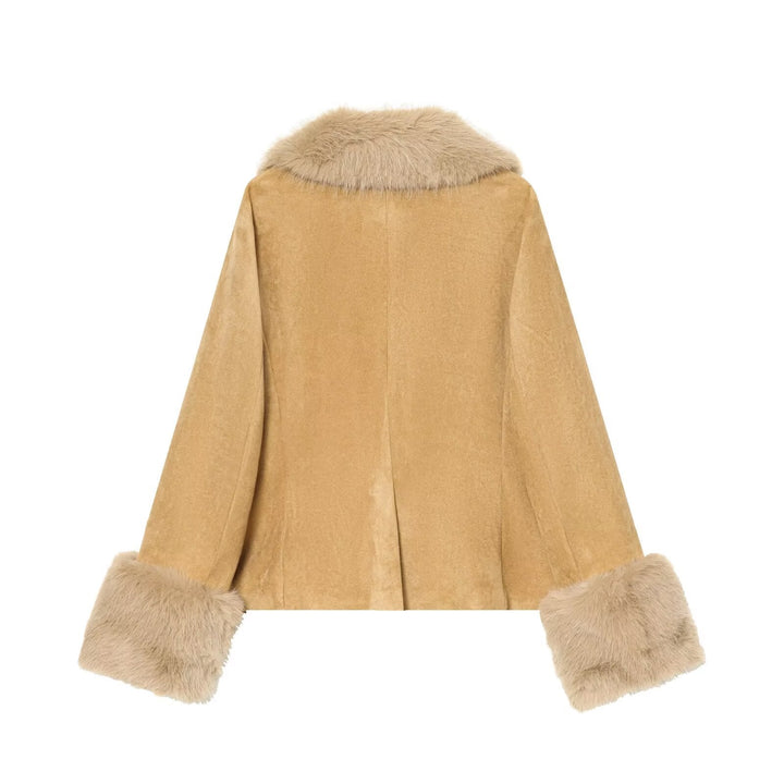 Dam kort jacka gjord faux mocka med voluminous shawl krage och fur muddar