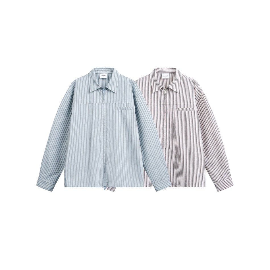 Unisex Lätt Randig Skjorta Jacka med Continuous Dragkedja och Bröst Piped Ficka