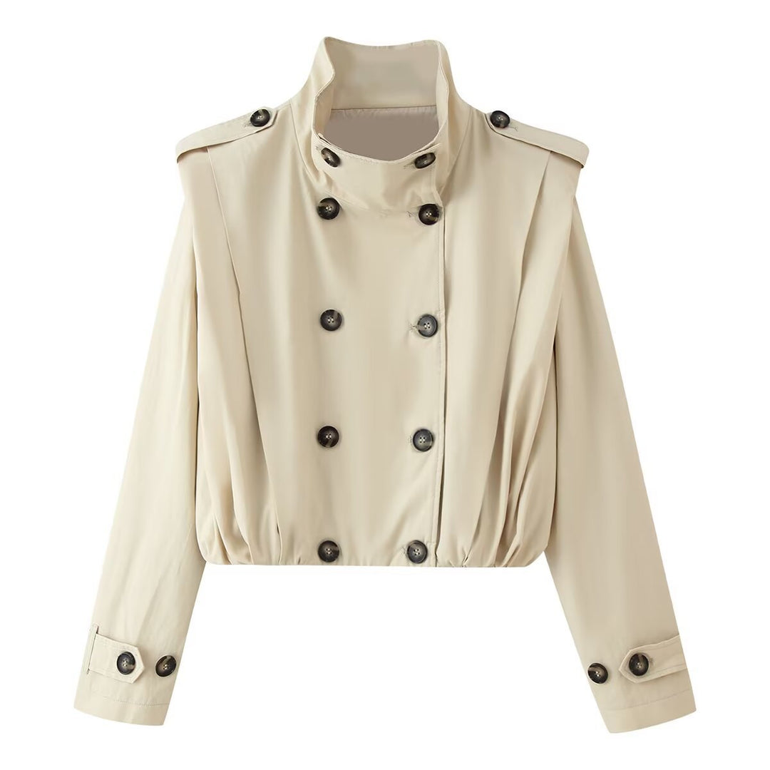 Dam Kort Double-Breasted Trench Blouson med Stå Krage, Epaulettes, och Elastic Nederkant