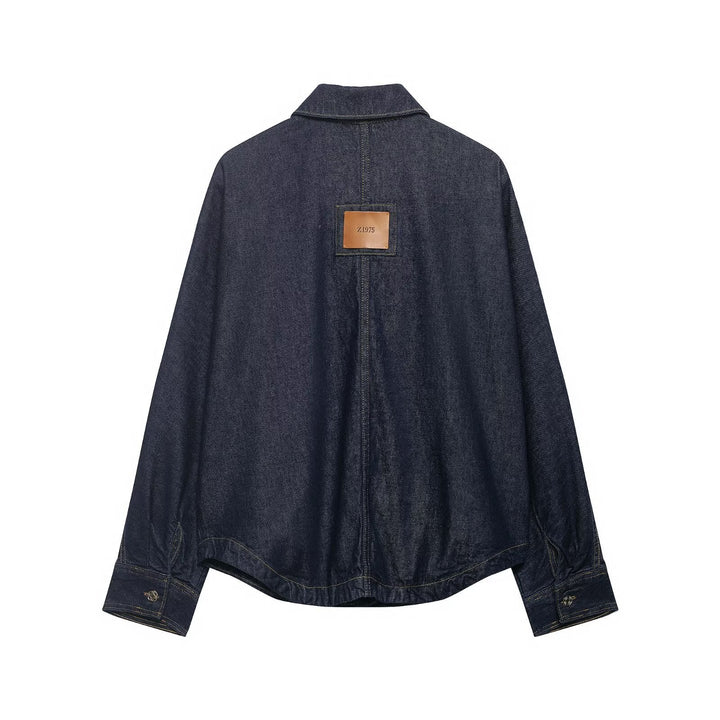 Dam Oversized Denim Jacka med Utanpåfickor och Decorative Stitches