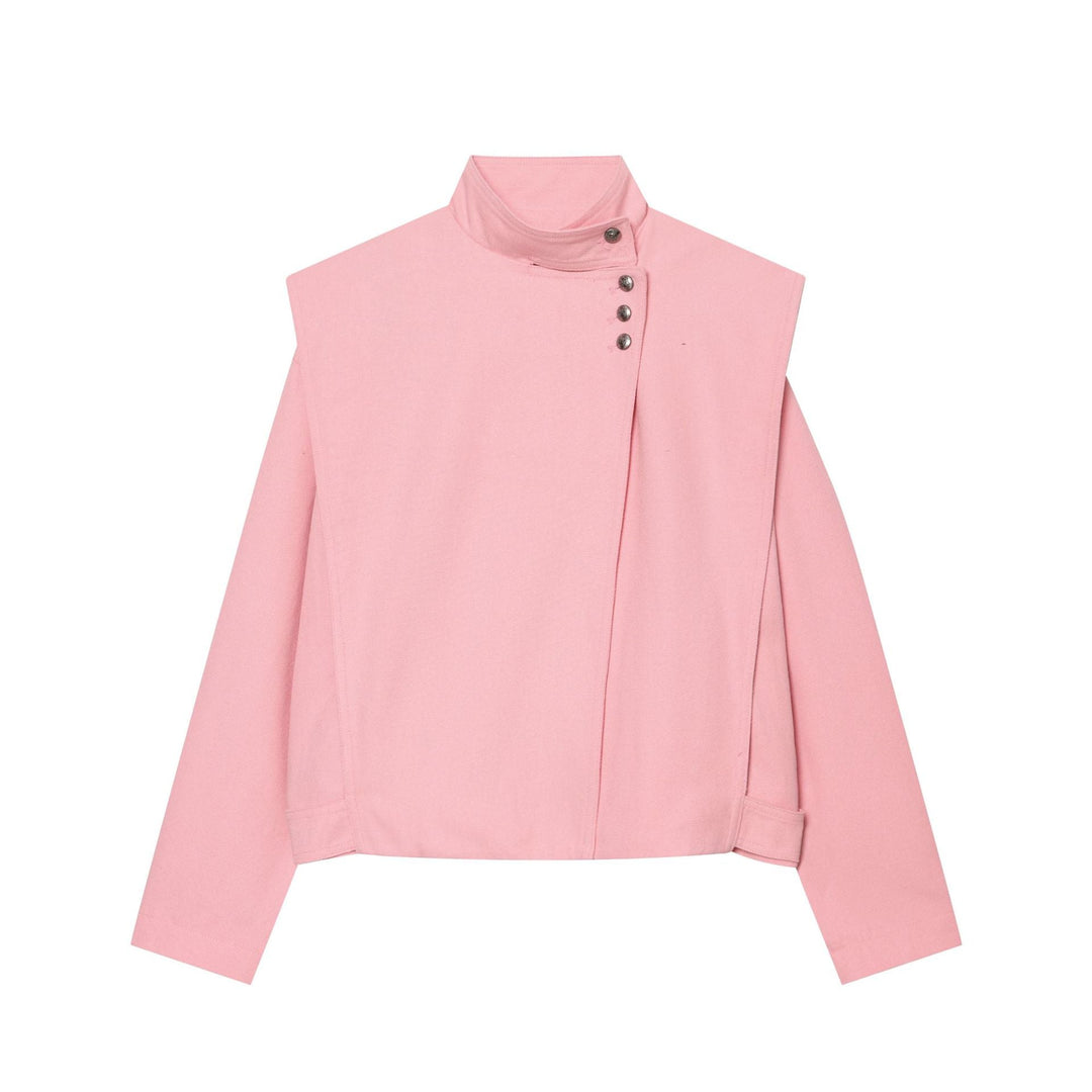 Dam kort-skärning stand krage jacka med asymmetric snap placket och cape axel