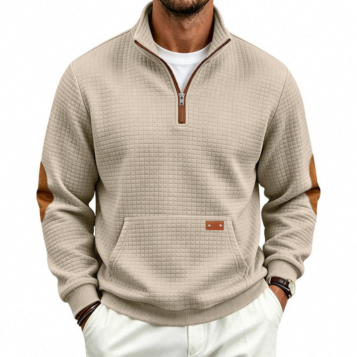 Herr Quiltad Structure Pullover med Halv Dragkedja, Elbow Lappar, och Känguruficka
