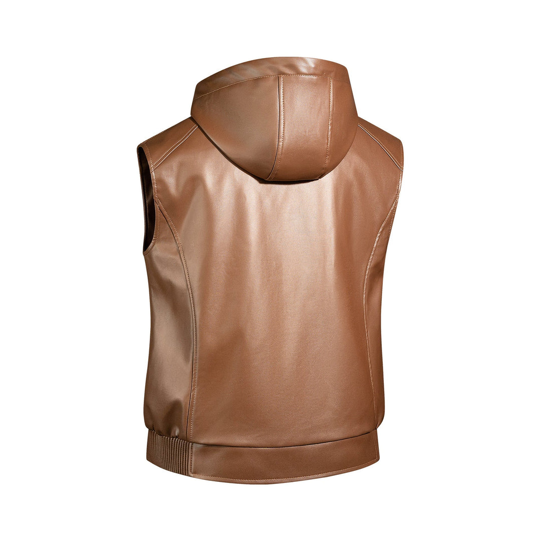 Herr Sleeveless Läder väst med huva quiltad Nappa Look och fickor med dragkedja