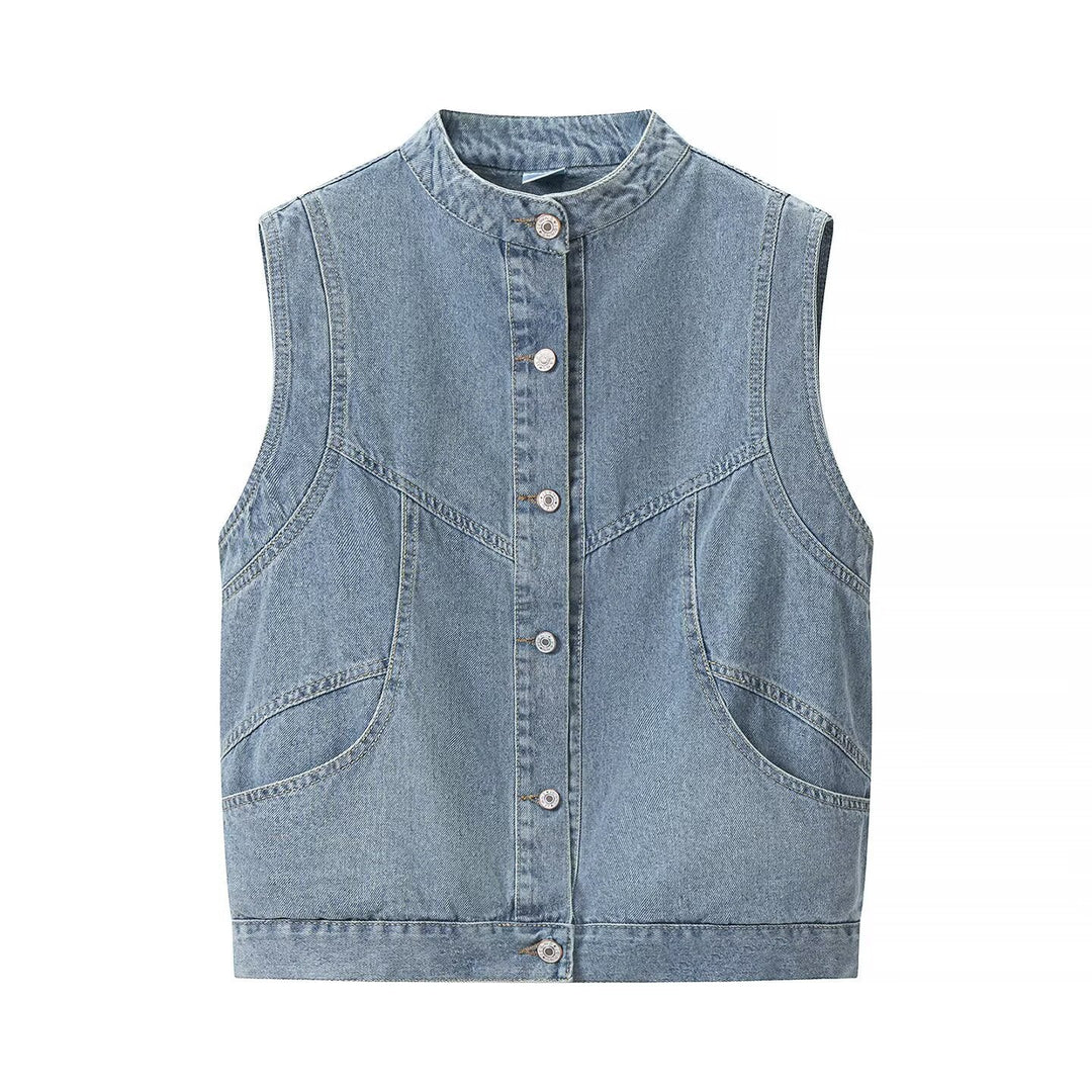 Dam jeans väst med ståkrage, hel-length knappslå, och utanpåfickor