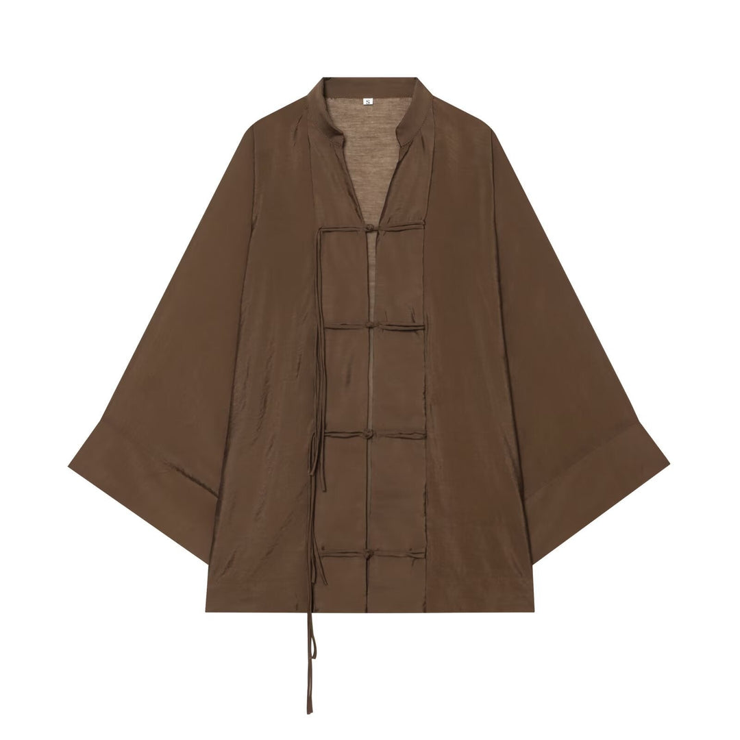 Dam Oversize Kimono Jacka med Dekorativ Knot och Lång Fringed Ribbons