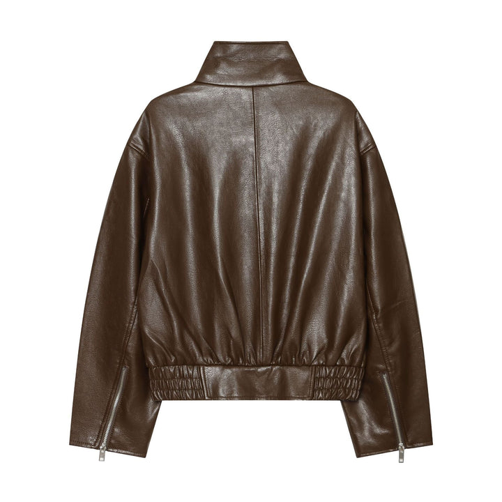 Dam Kort Skärning Faux Läder Blouson Jacka med Funnel Krage, Asymmetric Dragkedja och Smocked Nederkant