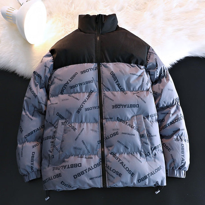 Unisex vadderad kviltad jacka med Allover Logo tryck, hög ståkrage &amp; justerbar fåll