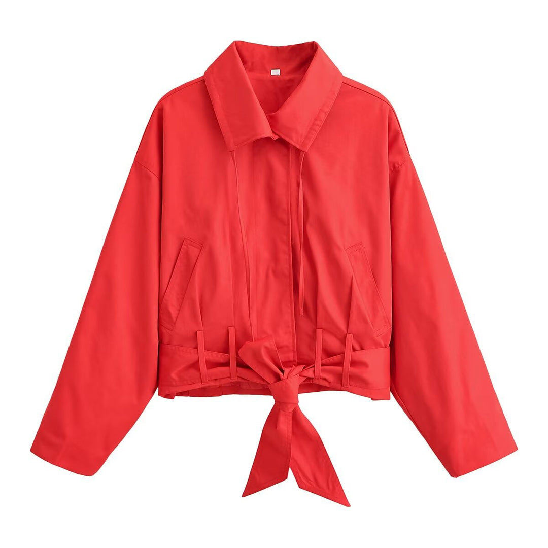 Dam Kort Jacka i Blouson Stil med Tie Belt och Wide Krage