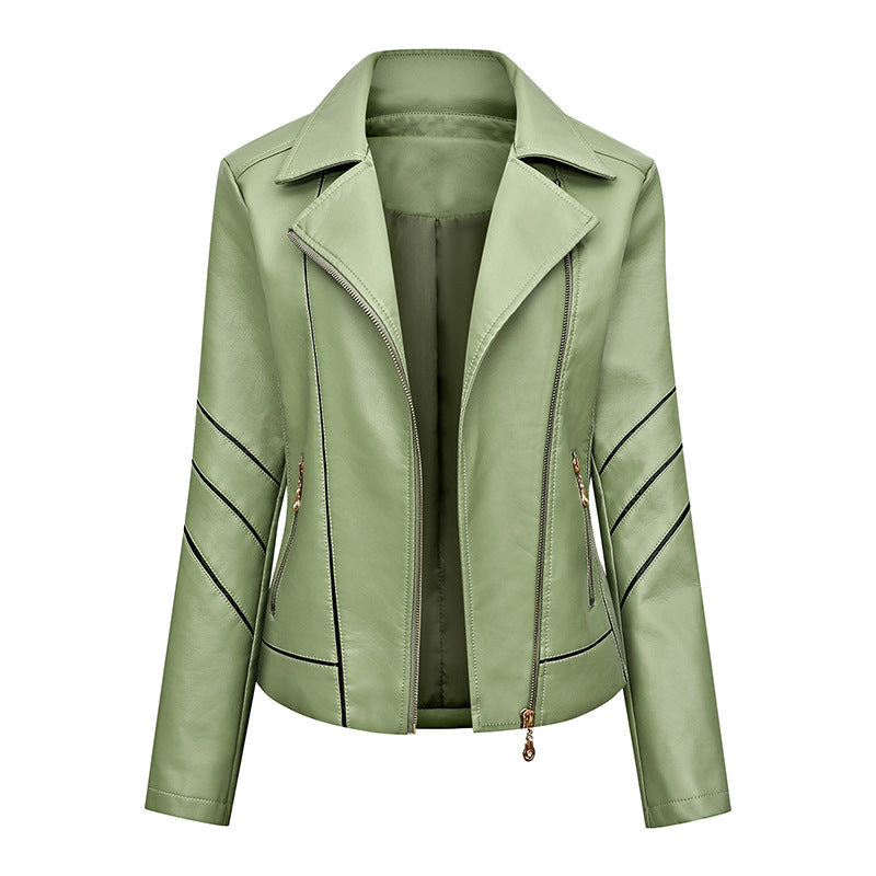 Dam Tailored Faux Läder Bikerjacka med Asymmetrisk Dekorativ Seams och Dragkedja Fickor