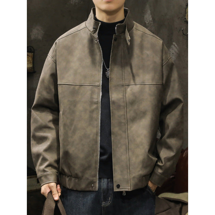 Herr Boxy Leather-Look Blouson med Dold Dragkedja Knapplist, Ståkrage, och Elastisk Waistband