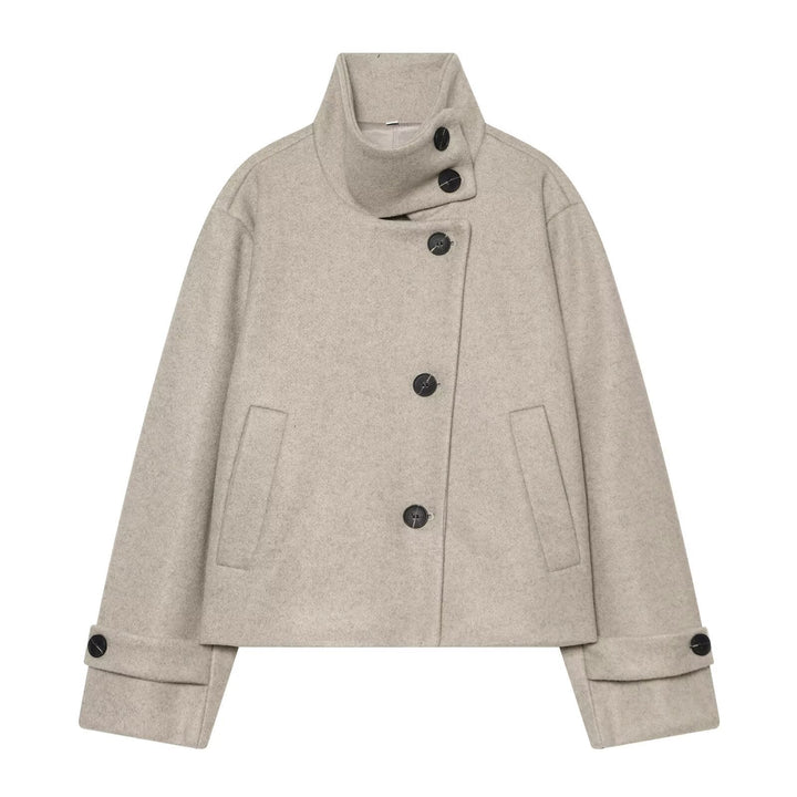 Dam Kort Ull Blouson Kappa med Hög Stå Krage och Knapp Knäppning