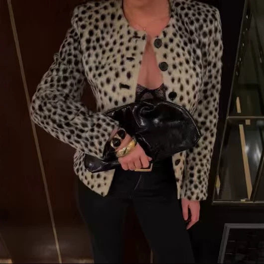 Dam kort Faux Fur jacka med Leopard tryck och Round Neck