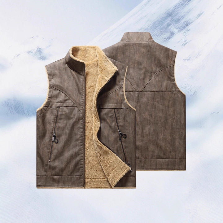 Herr Sleeveless Konstläder Teddy Väst med Ståkrage och Dragkedjefickor