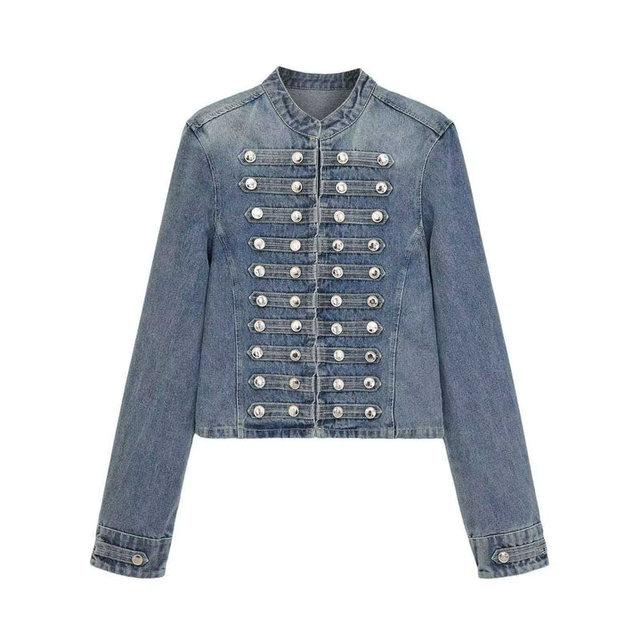 Dam denimjacka in military stil med row knappar och ståkrage
