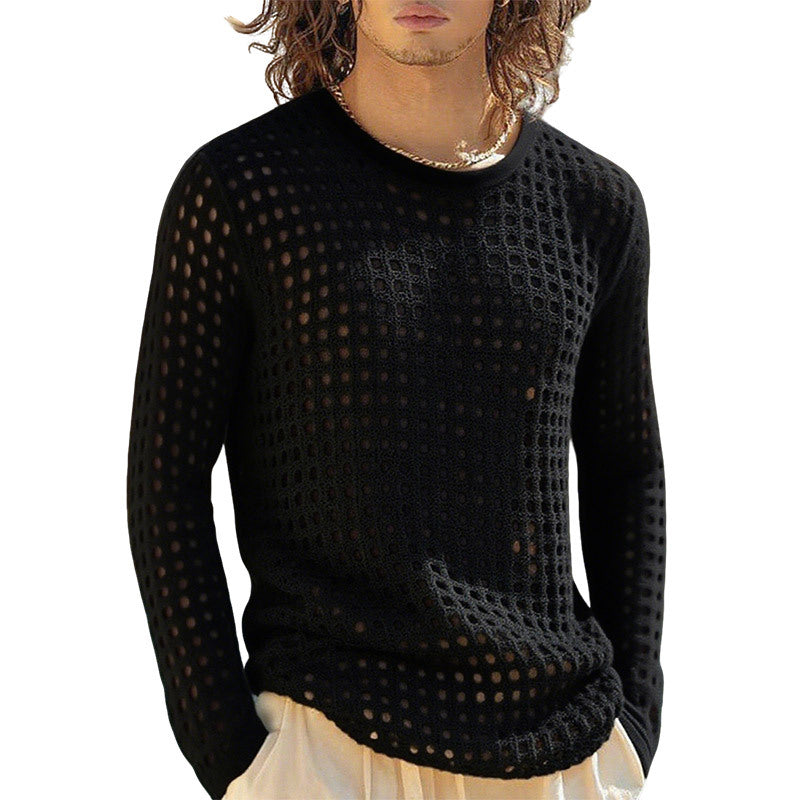 Herr Airy Openwork Stickad Tröja med Square Mesh Mönster och Crew Neck