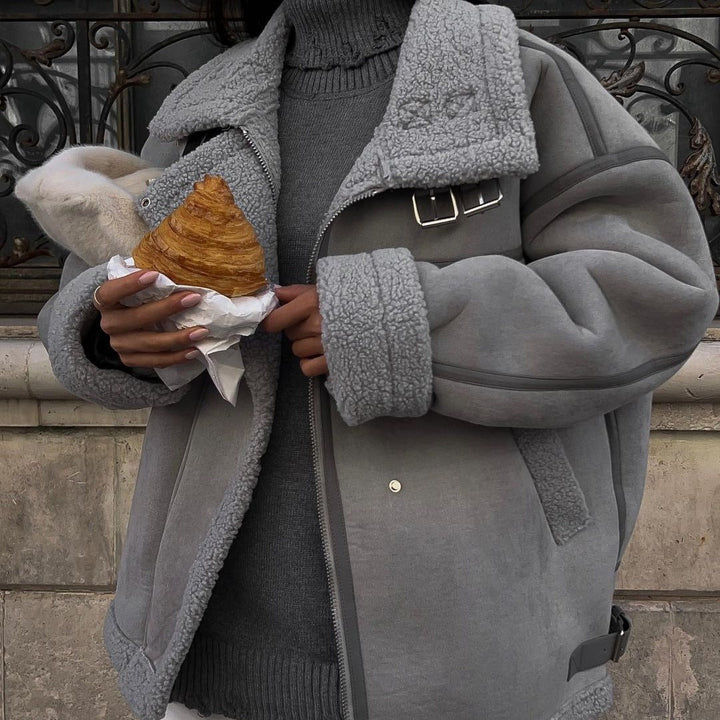 Dam vid skärning Lambskin Imitation Flight jacka med Faux Fur foder