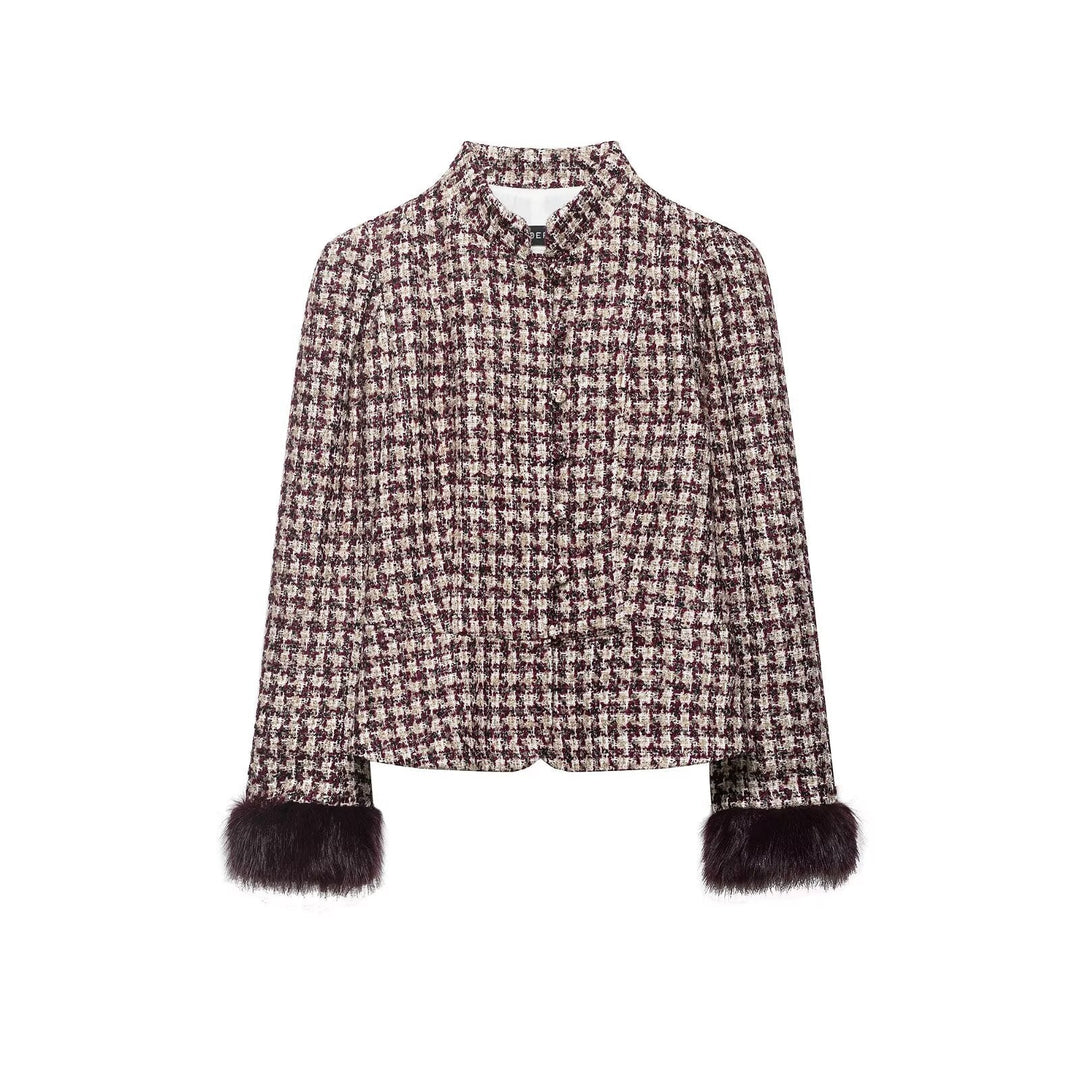 Dam Kort Bouclé Tweedjacka med Stå Krage och Faux Fur Muddar