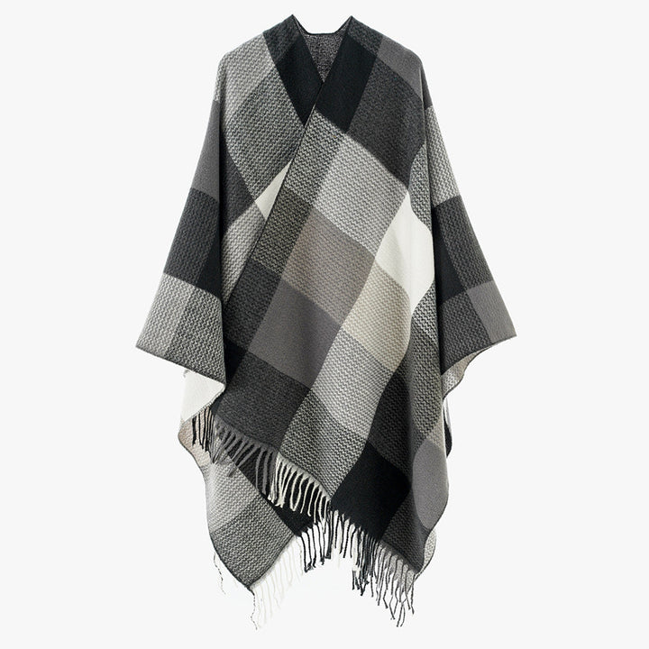 Dam mjuk-fallande oversized poncho i Plaid Weave mönster med V-Neck och Fringed fåll