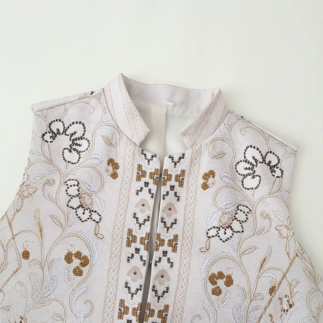 Dam Embroidered Kort Jacka med Mandarin Krage och Blommig Ornament Embroidery