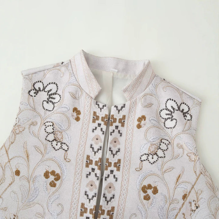 Dam Embroidered Kort Jacka med Mandarin Krage och Blommig Ornament Embroidery