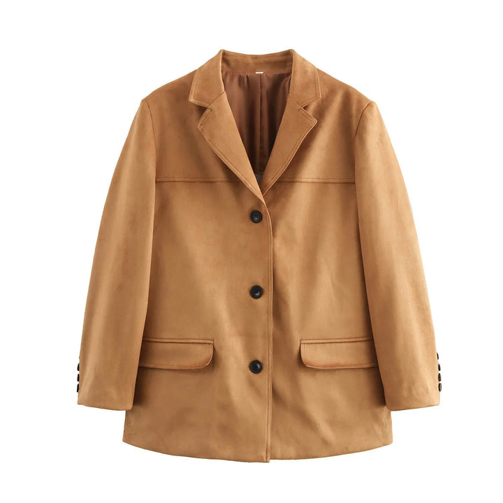 Dam cropped mocka blazer med lapel krage och påsydda fickor